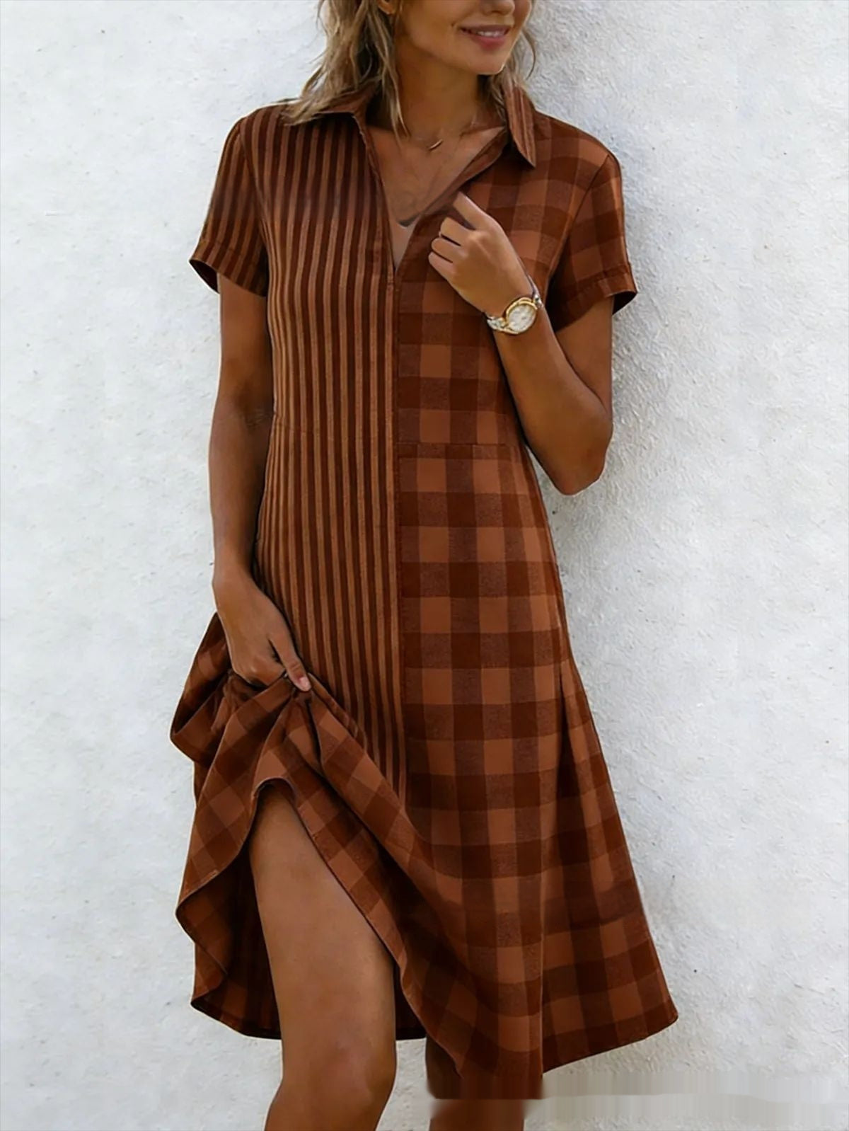 Women's 3D Print V-Neck Short Sleeve Pleated Maxi Dress