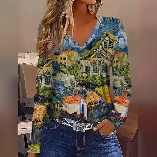 Women's Geometric Print V-Neck Long-Sleeve Top