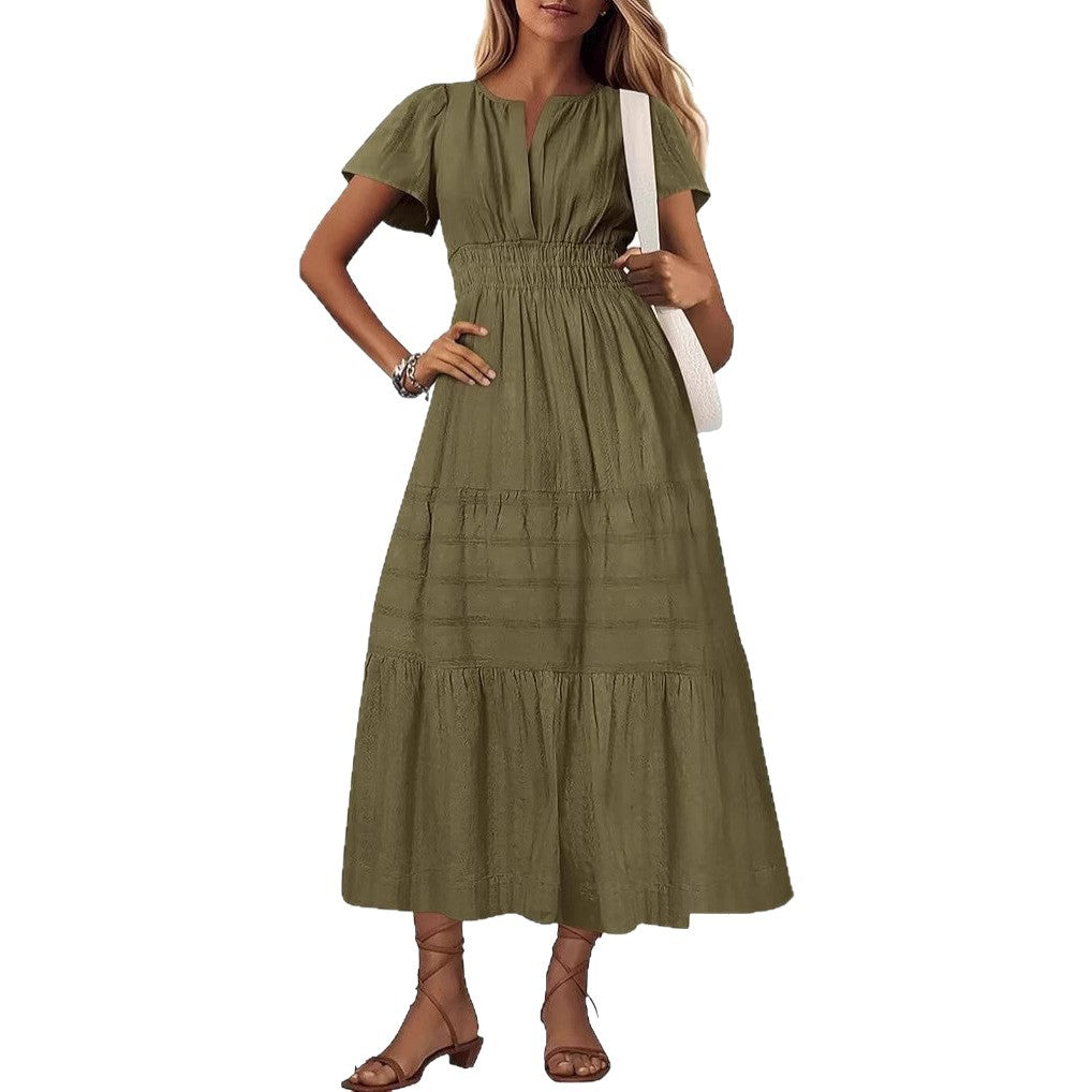 Women's V-Neck Pleated Puff Sleeve Maxi Dress