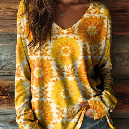 Women's 3D Print Drop-Shoulder V-Neck Long-Sleeve Top | Loose-Fit Street Fashion Pullover