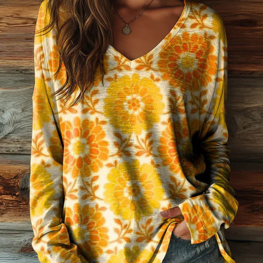 Women's 3D Print Drop-Shoulder V-Neck Long-Sleeve Top | Loose-Fit Street Fashion Pullover