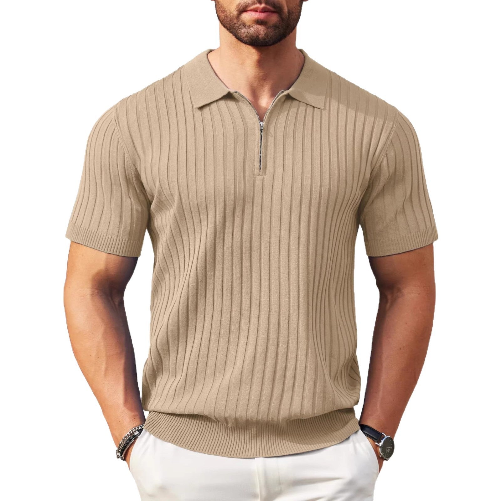 Men's Zip-Up Rib-Knit Polo Shirt | Slim Fit | S–5XL