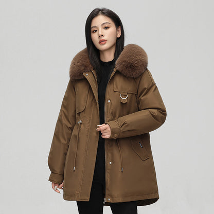 Women's Mid-Length Padded Coat with Fur Collar - 5 Colours