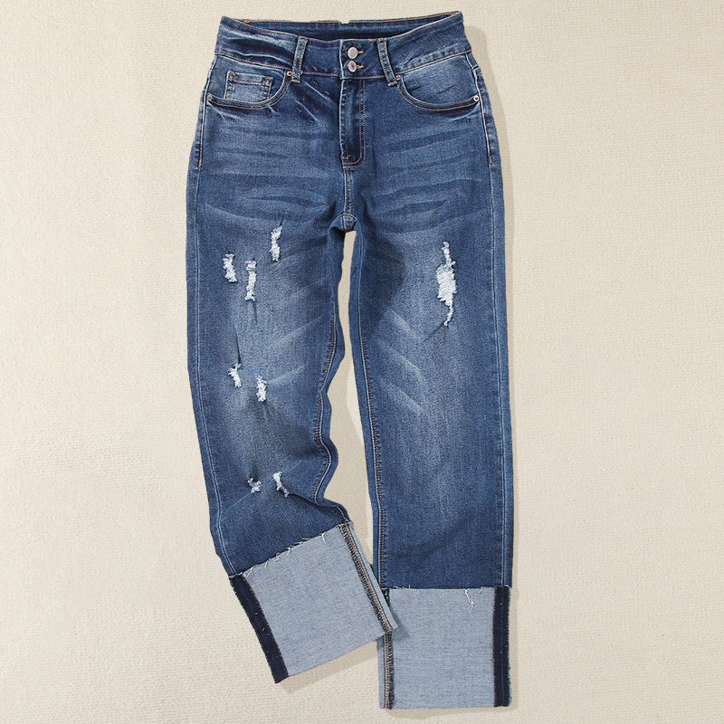 Women's High Waist Ripped Cropped Trousers