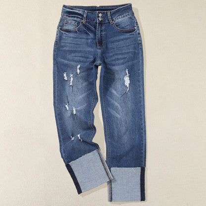 Women's High Waist Ripped Cropped Trousers