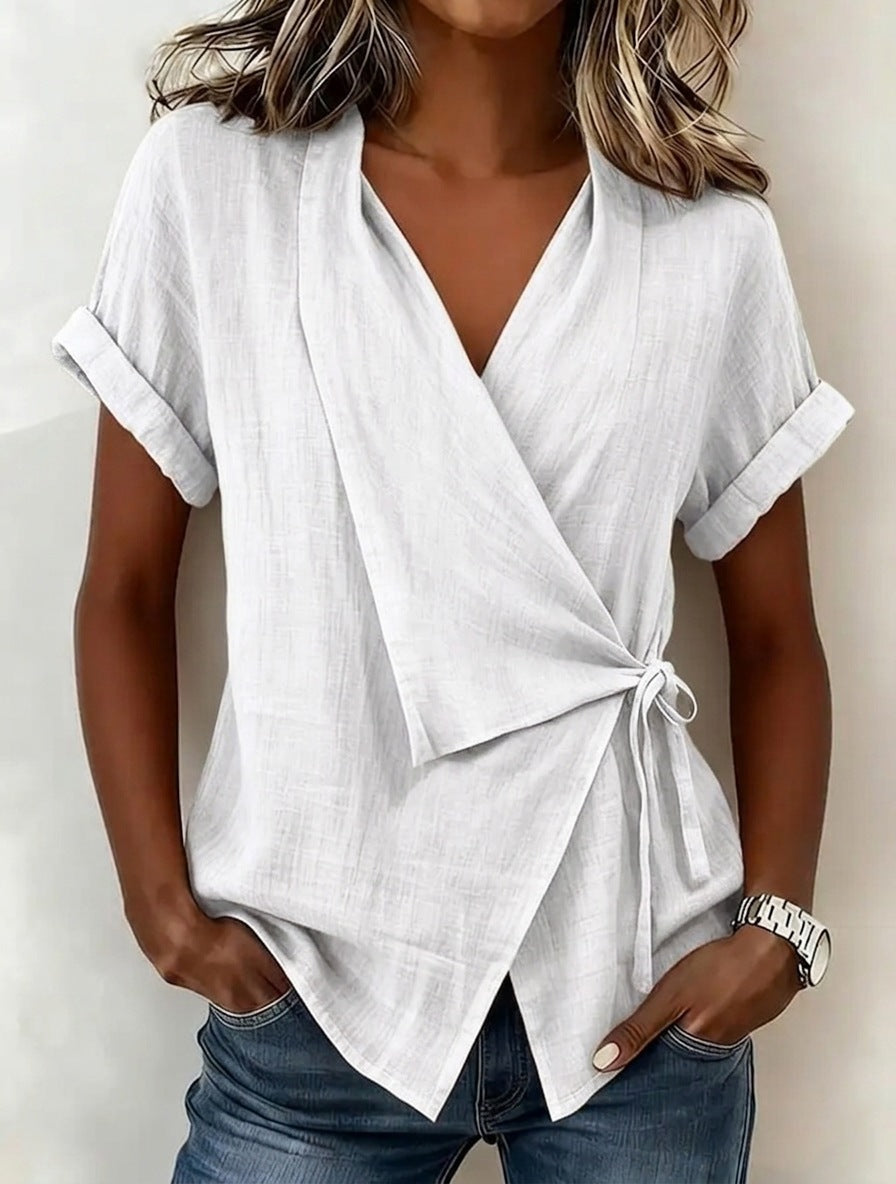 Women's Cotton-Linen Lapel Lace-Up Short-Sleeve Top