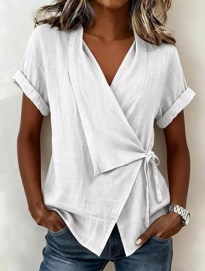Women's Cotton-Linen Lapel Lace-Up Short-Sleeve Top