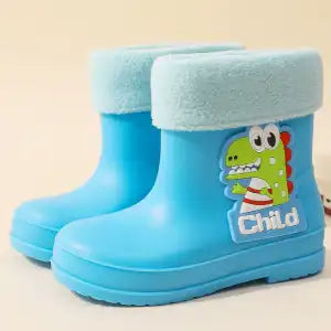 Kids Dinosaur Waterproof Rain Boots – Plain & Fleece-Lined