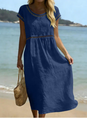 Women's Cotton-Linen A-Line Dress with Embroidered Lace Trim