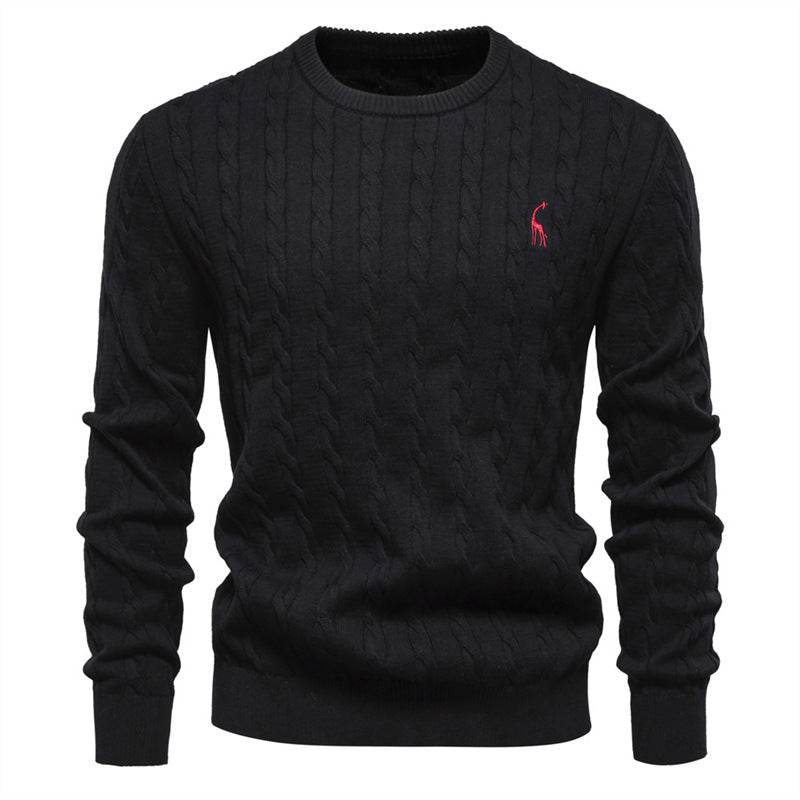 Men's Deer Embroidered Cotton Pullover Sweater | Autumn Casual Knitwear