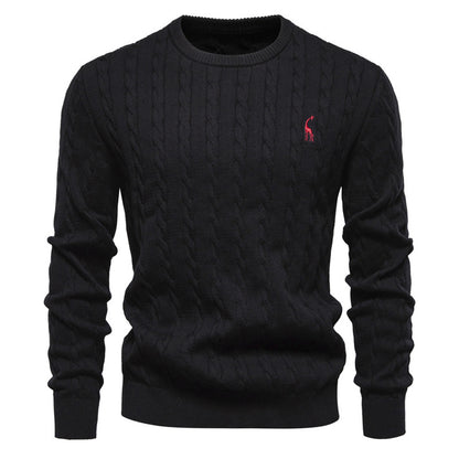 Men's Deer Embroidered Cotton Pullover Sweater | Autumn Casual Knitwear