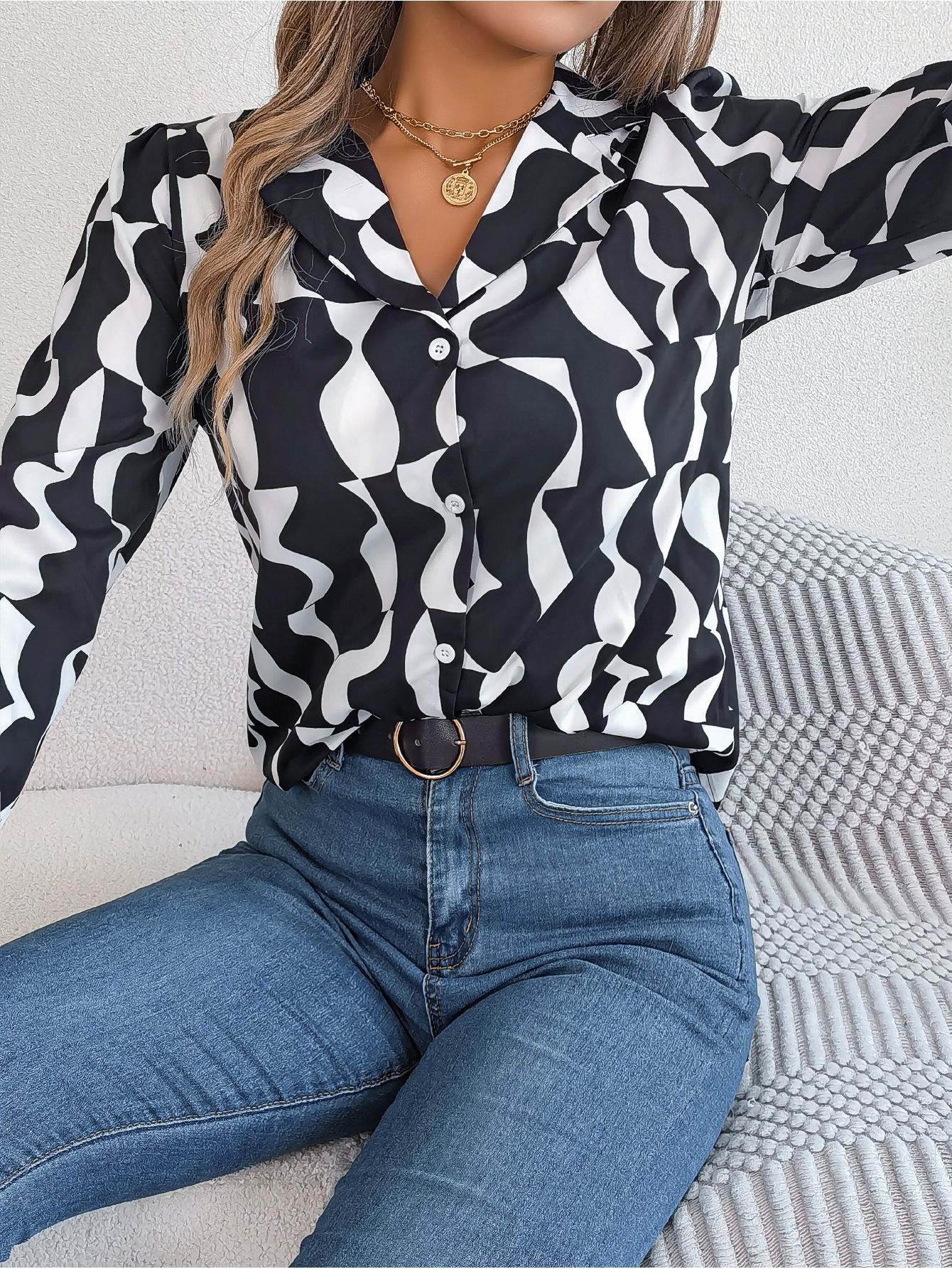 Women's Colour Block Long Sleeve Shirt | Notched Lapel