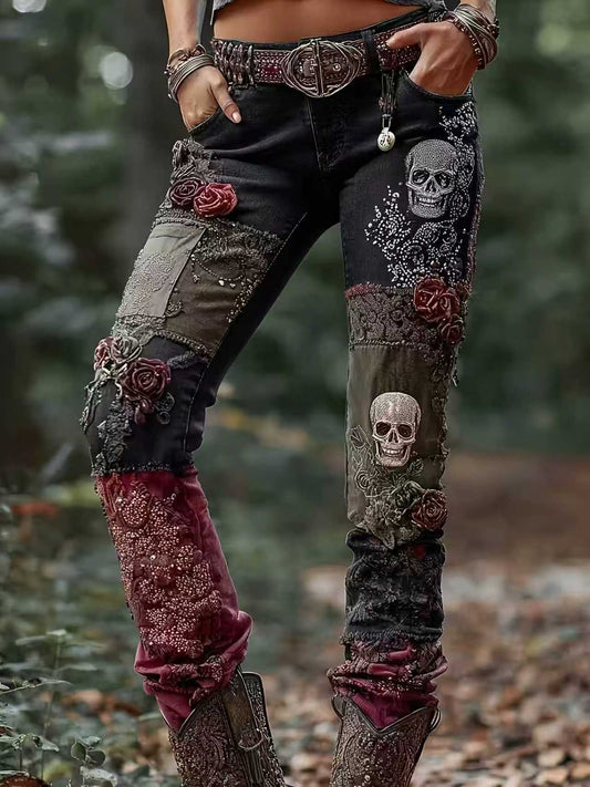 Women's 3D Floral Print Mid-Rise Jeans - Button Fly