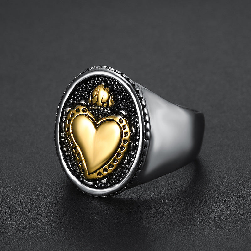 Men's Stainless Steel Sacred Heart of Jesus Ring – Punk Biker Cross Amulet