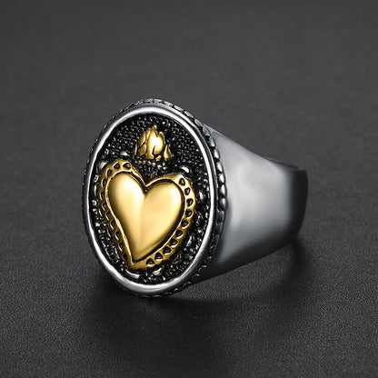 Men's Stainless Steel Sacred Heart of Jesus Ring – Punk Biker Cross Amulet