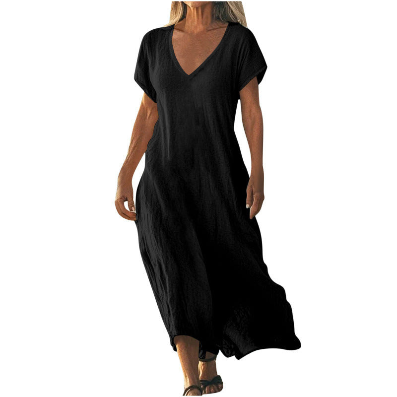 Women's Cotton Linen V-Neck Midi Dress