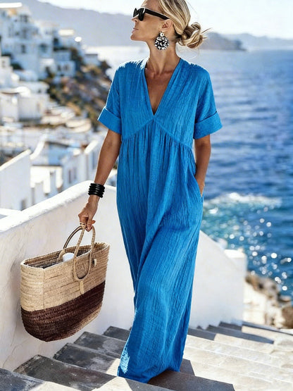 Women's V-Neck Short-Sleeve High-Waist Maxi Dress