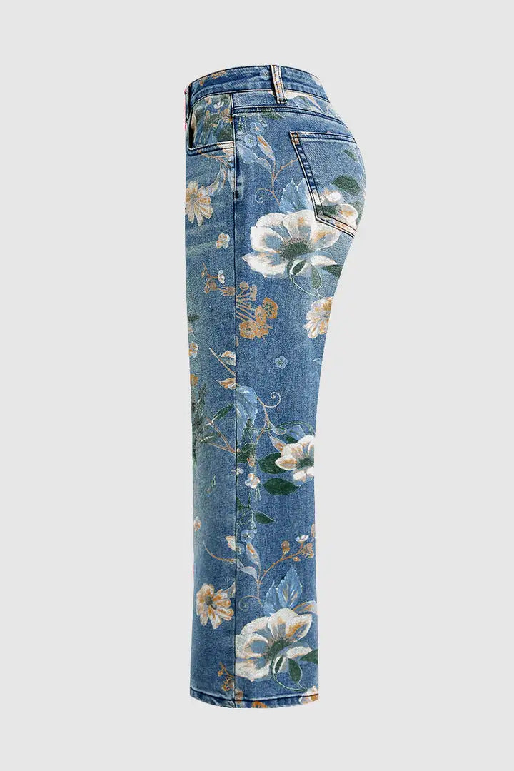 Women's High-Waist Straight-Leg Floral Print Jeans - Light & Dark Blue