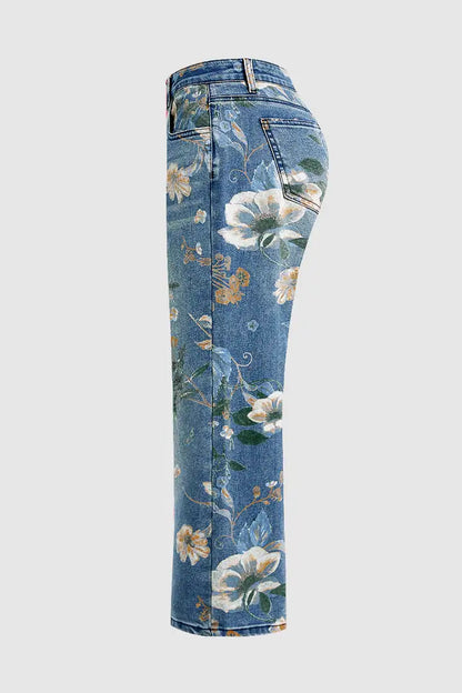 Women's High-Waist Straight-Leg Floral Print Jeans - Light & Dark Blue