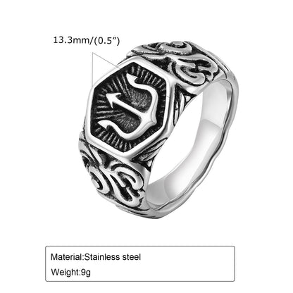 Men's Stainless Steel Trident Ring – Auspicious Cloud Design Steel & Black