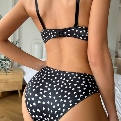 Women's Heart Print Bra & Panties Set | Wire-Free Small Bust Lingerie