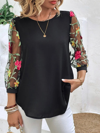 Women's Mesh Patchwork Three-Quarter Sleeve Top | Casual Commuter Polyester Shirt