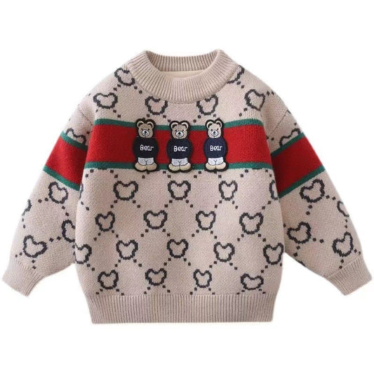 Children's Bear Print Velvet Thickened Pullover Sweater | Boys & Girls Winter Top