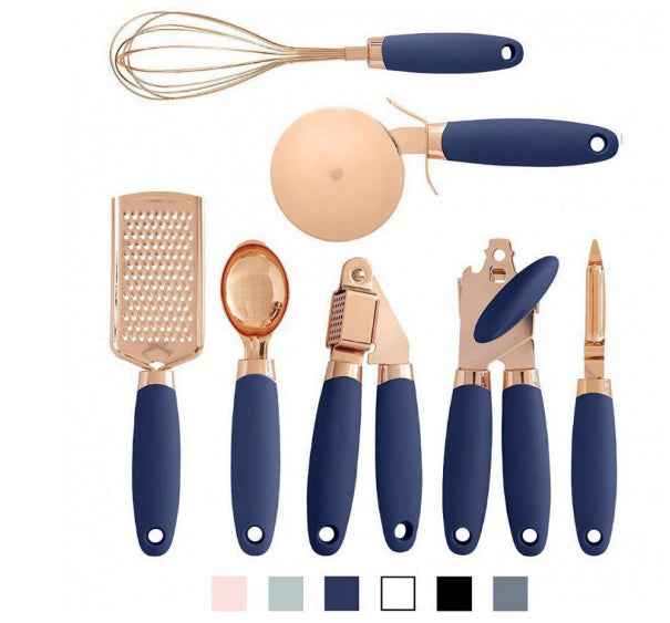 7-Piece Stainless Steel Kitchen Tool Set – Rose Gold Finish Cooking Utensils with Rack