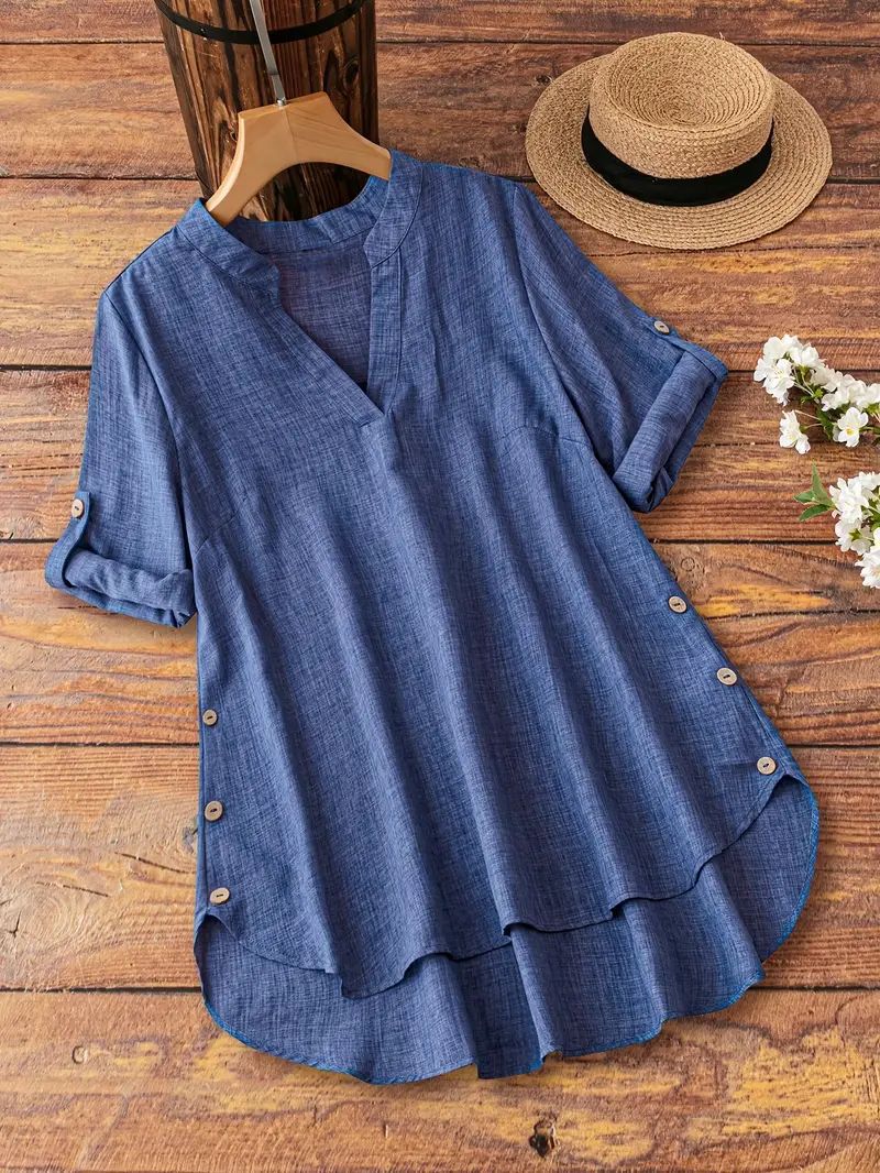 Women's V-Neck Button-Down Loose Shirt | Casual Polyester Pullover Blouse