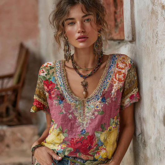 Women's Printed Patchwork Round-Neck T-Shirt