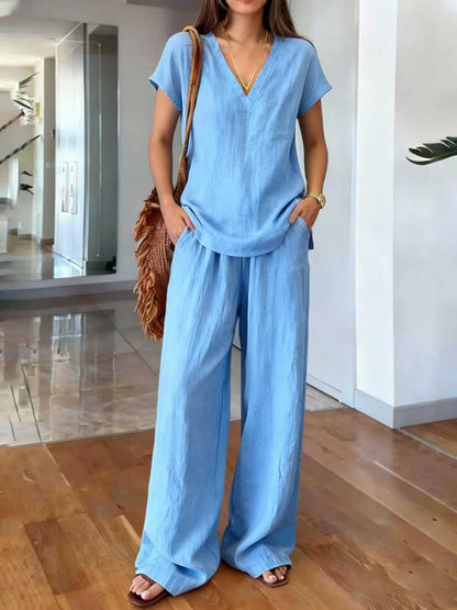 Women's V-Neck Short Sleeve Top and Wide-Leg Pants Co-ord Set