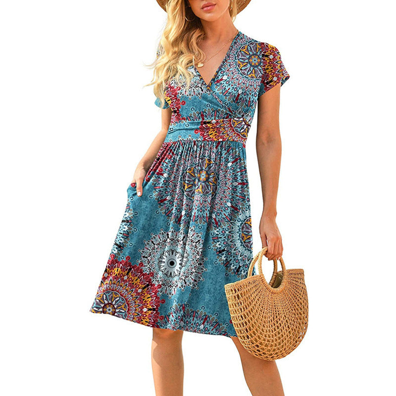 Women's Printed Midi Dress – High Waist, V-Neck & Pocket | S–3XL
