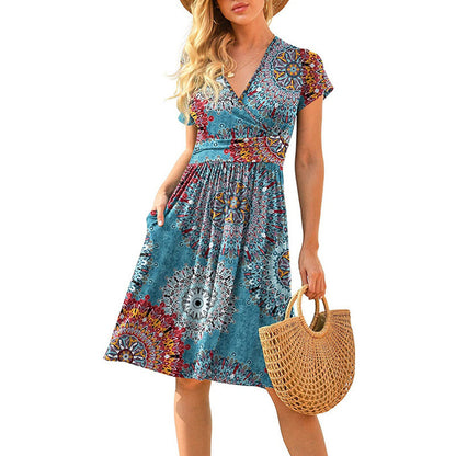 Women's Printed Midi Dress – High Waist, V-Neck & Pocket | S–3XL