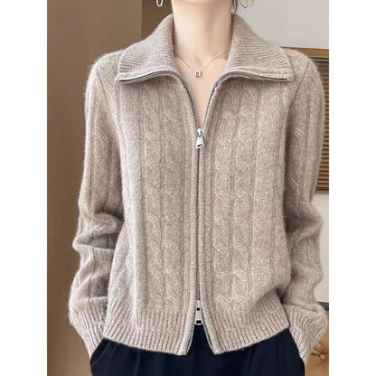 Women's Twist-Open Cardigan with Double Zip and Lapel Collar