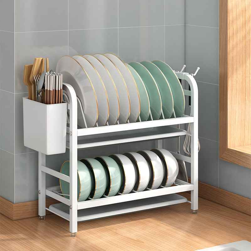 Double-Layer Carbon Steel Dish Rack & Kitchen Storage Rack with Chopstick Canister