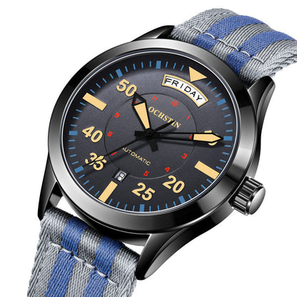 Men’s Mechanical Watch – 41mm Braided Nylon Strap, Mineral Glass, 30M