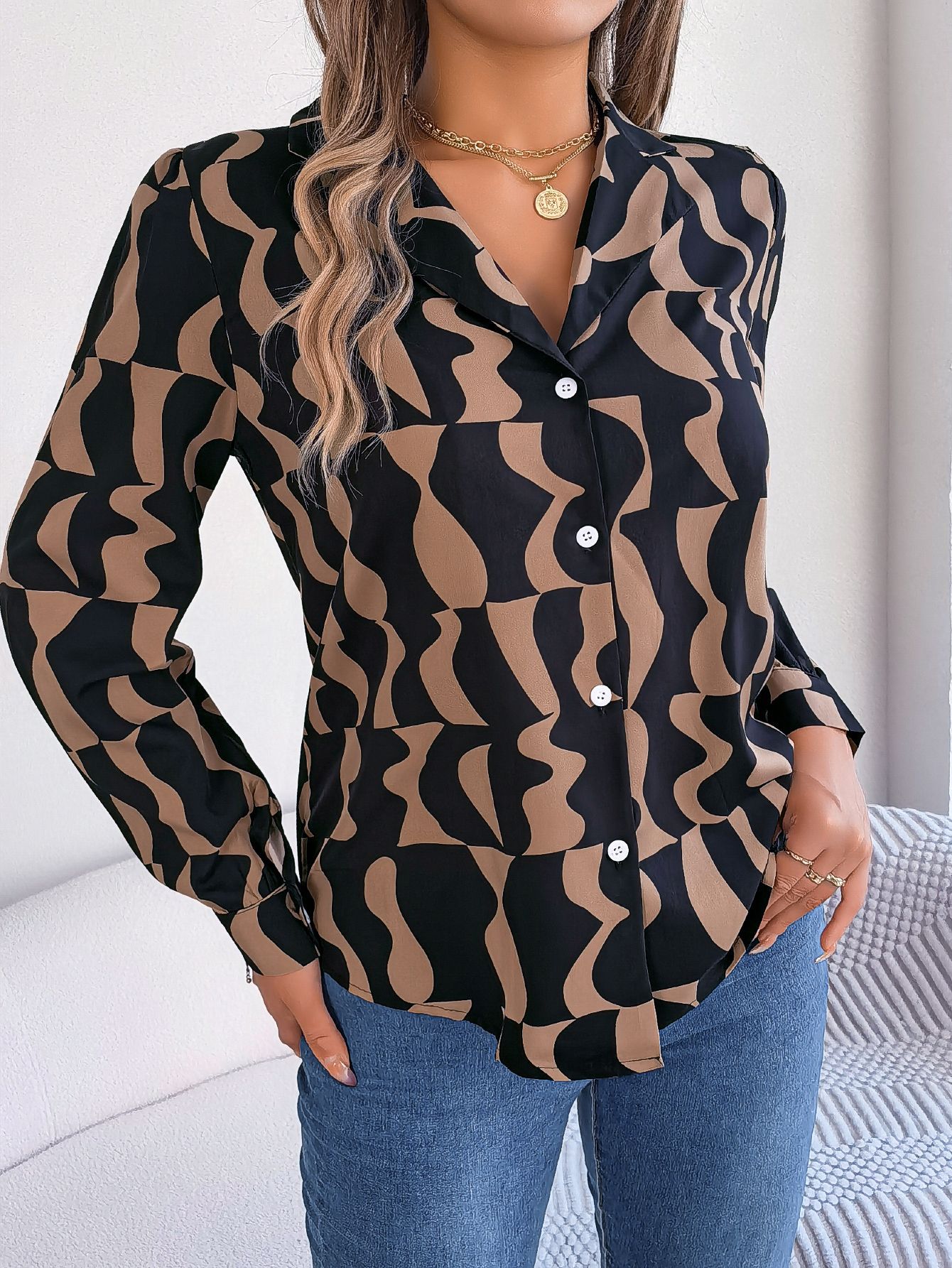 Women's Colour Block Long Sleeve Shirt | Notched Lapel