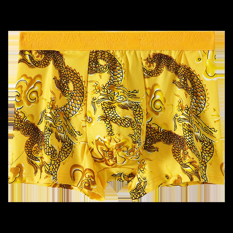 Men's Dragon Print Milk Silk Boxer Briefs – Quick-Dry Mid-Waist 4 Colours