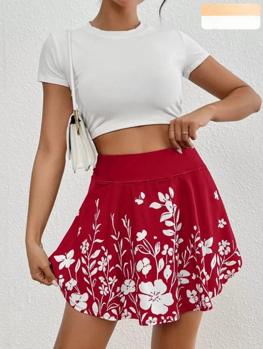 Women's High Waist Floral Print Skort with Pockets