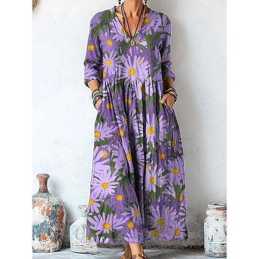 Women's 3D Print V-Neck Long Sleeve A-Line Dress