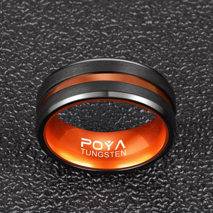 Men's Black Ring with Orange Ceramic Inner Band – Two-Tone Geometric Ring