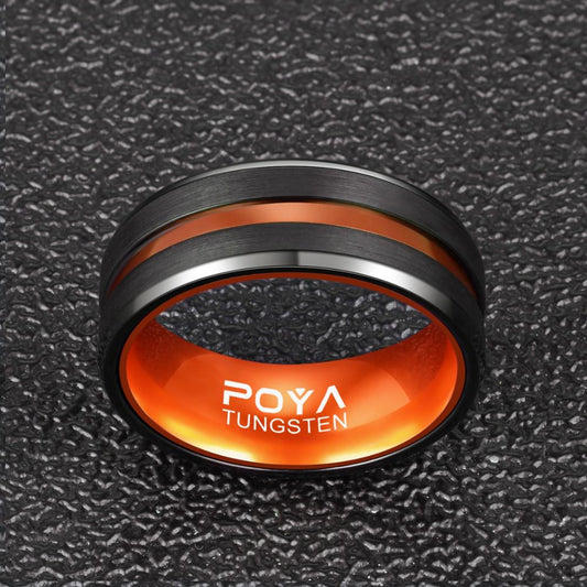 Men's Black Ring with Orange Ceramic Inner Band – Two-Tone Geometric Ring