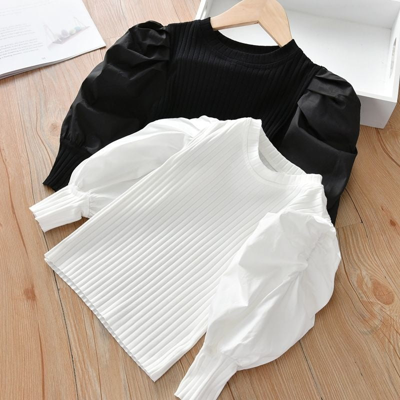 Girls Cotton Puff Sleeve Long Sleeve Top | White & Black, 90–140cm