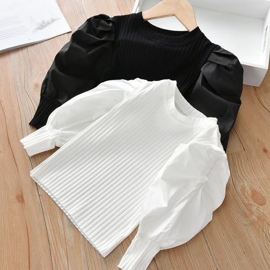 Girls Cotton Puff Sleeve Long Sleeve Top | White & Black, 90–140cm