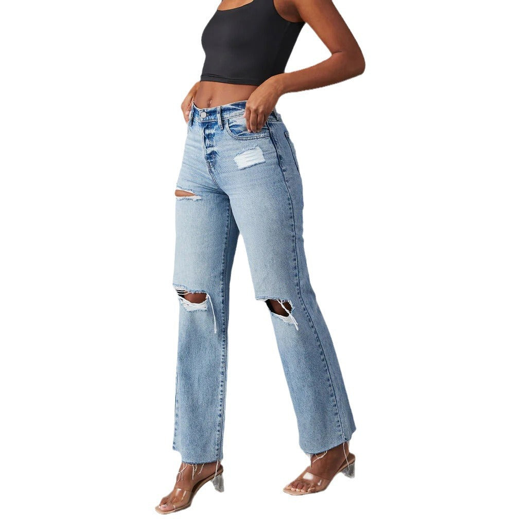 Women's High Waist Ripped Straight Leg Jeans