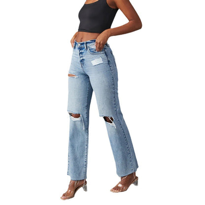 Women's High Waist Ripped Straight Leg Jeans