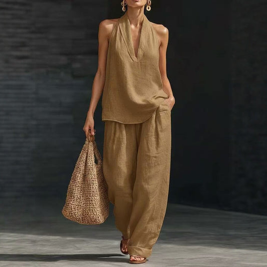 Women's Sleeveless Vest & Wide-Leg Trousers Two-Piece Set