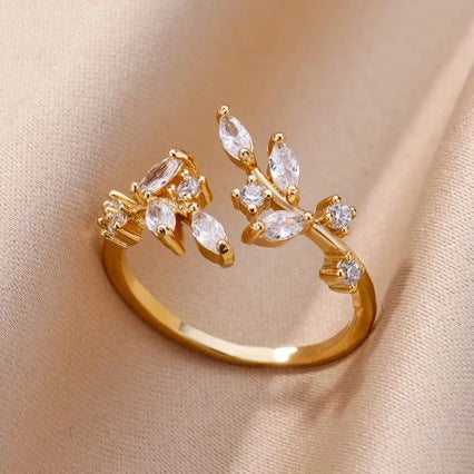 Floral Zircon Adjustable Ring | Gold Copper Gemstone Ring for Women