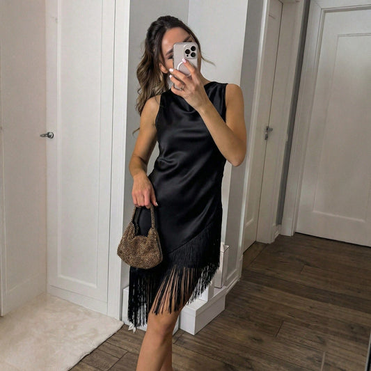 Women's High Waist Sleeveless Tassel Dress