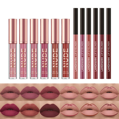 12-Piece Matte Lipstick & Lip Liner Set – 6 Lipsticks + 6 Liners, Kiss-Proof